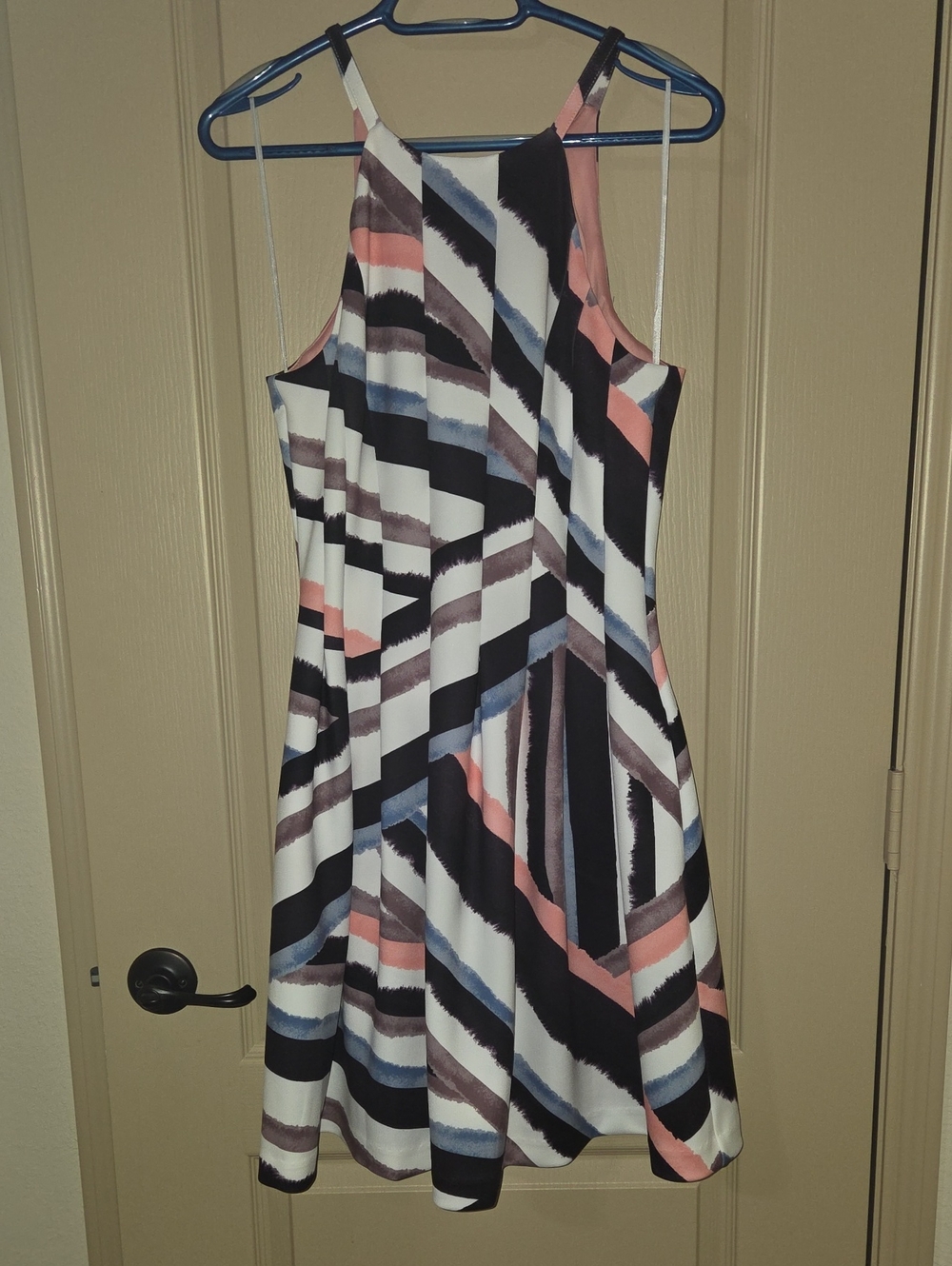 Vince Camuto Striped Halter A-Line Dress in Black, Blue, White & Pink
